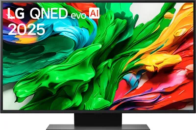 A television screen displaying a colorful, abstract image with text overlay.