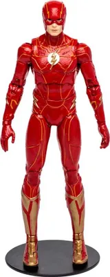 A full-body shot of a Flash action figure standing on a black circular base against a white background.