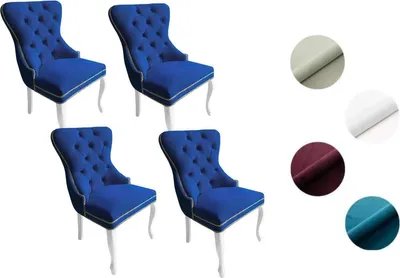 Produktbild von Chesterfield Stuhl MADAME 2 (4 Stück) – eleganter Polsterstuhl im Glamour-Stil, Samt Dunkelblau, Holzbeine in Weiß, Komfortsitz