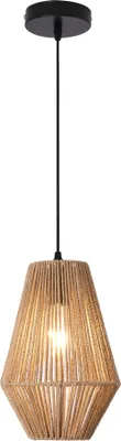 A pendant light with a woven rope shade and a black cord and canopy.