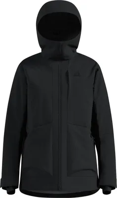 Schwarze isolierte Odlo Descent Skijacke mit Kapuze und Reißverschluss vorne