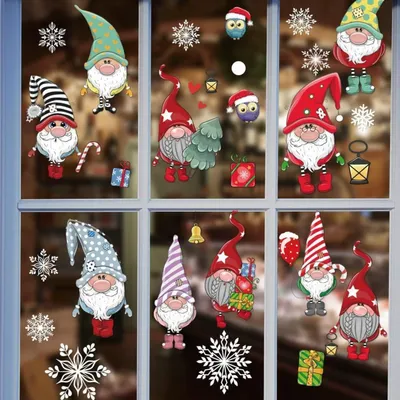 Obrázok produktu pre Samolepiace vianočné dekorácie na okná, sada 4 kusov, rozmer 25x34,5 cm, materiál PVC. Motívy: škriatok, Santa Claus, snehové vločky