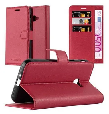 A red leather flip case for a smartphone, shown open to reveal card slots and a banknote.