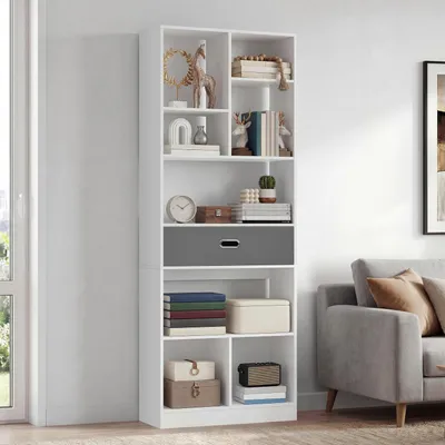 Produktbild von Bücherregal freistehend 7 offene Fächer 1 Stoffschublade Weiß 60x24x170 cm