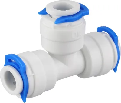 A white T-junction fitting with blue clips against a white background.