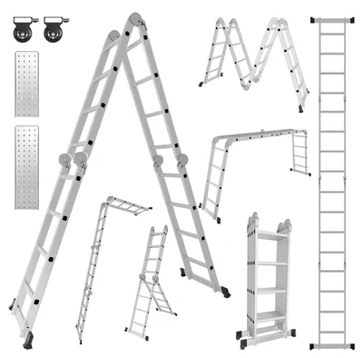 Immagine prodotto di Scala multiuso in alluminio Ikodm 7in1, con 4 gradini, altezza circa 470 cm / 4,7 metri, scala pieghevole a pantografo con piattaforme, ruote e superficie antiscivolo, portata massima 150 kg