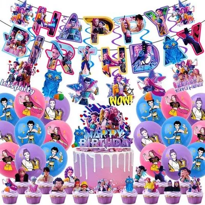 Produktbild von Demon Hunters Torten Deko Set 44 Stück – Mädchen Geburtstag – Tortenaufleger – Happy Birthday Topper – Jäger Party Deko für Kinder
