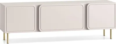 A light beige TV lowboard with three doors and gold legs, shown against a white background.