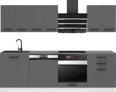 Produktbild von Belini Küchenzeile Küchenblock Susan - Küchenmöbel 240 cm Einbauküche Vollausstattung ohne Elektrogeräten mit Hängeschränke und Unterschränke, mit Arbeitsplatten, Silber matt