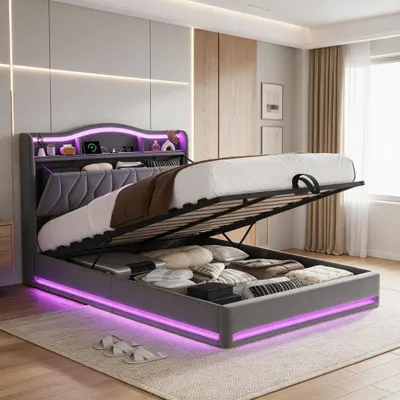 Image de INONEFT, lit rembourré 160x200 cm avec éclairage LED et fonction de charge USB, lit pour adolescents avec coffre à lattes hydraulique et espace de rangement dans la tête de lit, couleur gris