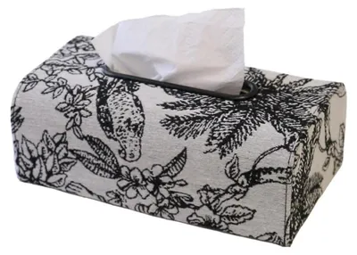 Obrázek produktu pro Krabička na kapesníky, obdélníková, s vintage vzorem, vyrobená z tkaniny typu jacquard, rozměry 24x13x8,5 cm, černobílá