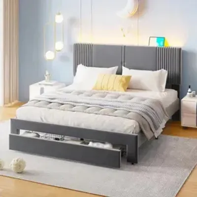 Obrázok produktu pre Čalúnená posteľ Fortuna Lai 160 x 200 cm, manželská posteľ so svetelným pásom a zásuvkou USB, operadlom a veľkou zásuvkou, manželská posteľ zo zamatu, vhodná pre dospelých a dospievajúcich, sivá