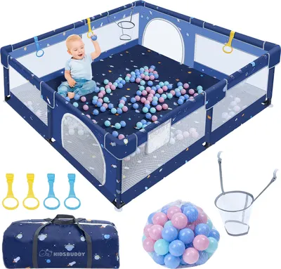 Produktbild von YUENFONG Laufstall Baby, Laufgitter baby 150x180cm, Absperrgitter mit atmungsaktivem Netz Schutzgitter Krabbelgitter für Kinder, Kind Playpen Set Mit Kugel Sicherheitsspielplatz Ställe-Blau