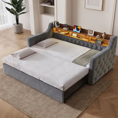 Produktbild von STILVORA Schlafsofa 90x190cm mit Ausziehbett, Sofabett mit LED-Beleuchtung und USB/Type-C-Anschluss, Tagesbett mit Stauraum-Kopfteil und Lattenrost
