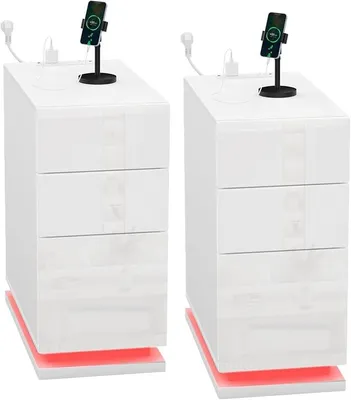 Productafbeelding van Nachtkastje, set van 2, nachtkastje met LED-verlichting, witte nachtkastjes met 3 lades, 2 stopcontacten, 2 USB-poorten, geschikt voor slaapkamer en woonkamer, afmetingen 50x30x63 cm