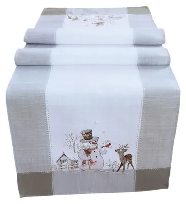 Produktbild von Tischwäsche mit Stickerei Schneemann mit Hirsch 40 x 140 cm - hellgrau