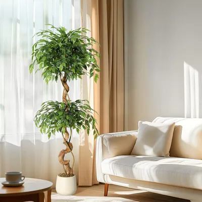 Produktbild von Kunstpflanzen Ficus Benjamini Ficusbaum mit Topf 150 cm – Birkenfeige mit Echtholzstamm, täuschend echte Seidenblätter, pflegeleicht & immergrün