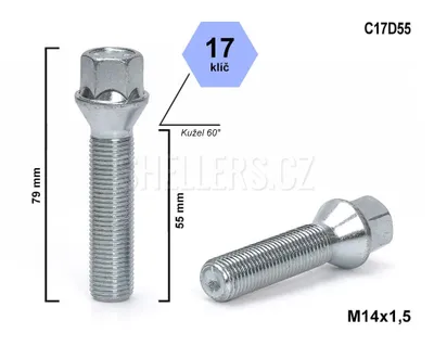 Obrázok produktu pre Skrutka kolesa M14x1,5x55 s kužeľom, kľúč 17, C17D55, výška 79 mm