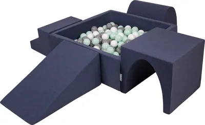 Produktbild von KiddyMoon spielplatz aus schaumstoff mit quadrat bällebad (300 bälle) ballgruben für babys spielbad hindernisläufen, hergestellt in der eu, dunkelblau:weiß/grau/minze