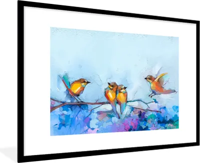 Produktbild von MuchoWow® Gerahmtes Poster Gemälde - Ölfarbe - Vogel - Zweig 90x60 cm - Poster mit Schwarzem Bilderrahmen Wandposter Rahmen Foto Bilder - Wanddekoration - Fotos