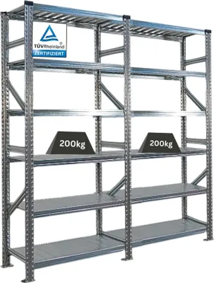 Produktbild von Fachbodenregal PROXIMO mit Stecksystem | Komplettregal | HxBxT 210x180x40cm | 6 Ebenen | Beidseitig nutzbar | Verzinkt