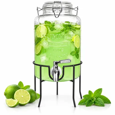 Immagine prodotto di distributore di bevande da 3 litri con rubinetto in acciaio inox, coperchio in vetro e supporto Dispenser
