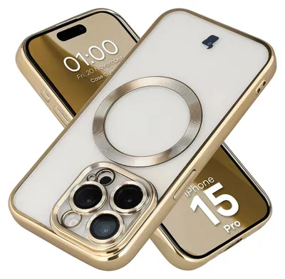 Produktbild von Handyhülle mit Kameraschutz und Magnetring für iPhone 15 Pro, Bizon Case GuardO, Transparent-Golden