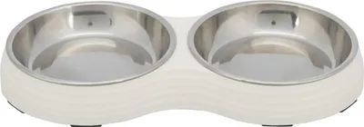 Produktbild von TRIXIE Napf-Set, Melamin/Edelstahl - weiß - 2 × 0,2 l/ø 13 cm/27 × 3 × 14 cm