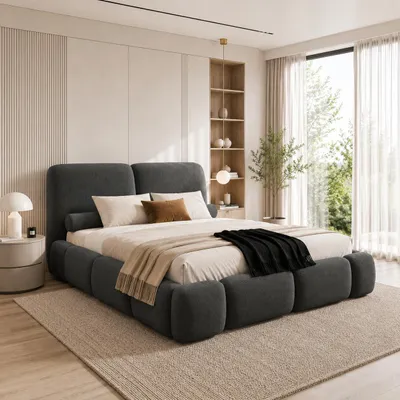 Image de Lit rembourré AURIO avec coffre de rangement, dimension 180x200, lit double avec espace de rangement et sommier à lattes, style boxspring, sans matelas, chambre à coucher - gris foncé