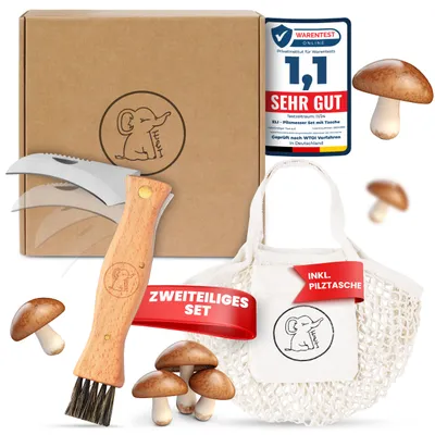 Image de Eli®Couteau à champignons avec brosse et sac en coton pour débutants et professionnels - couteau à champignons de haute qualité avec brosse, couteau pliant, brosse à champignons