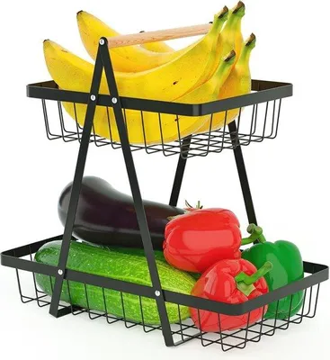 Image de Corbeille à fruits métallique à deux compartiments pour la cuisine – Rangement peu encombrant pour fruits et collations