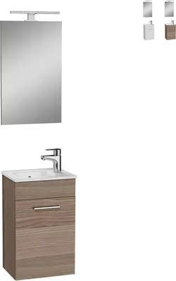 Zdjęcie produktu dla Wisząca szafka łazienkowa 40 cm, kompaktowa, z umywalką, drzwiami, lustrem LED Mia - brązowa