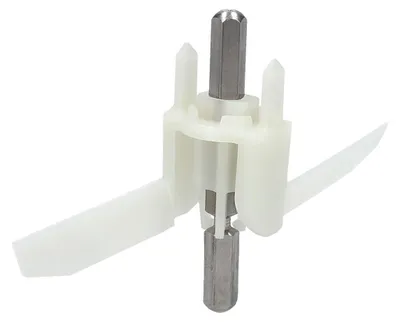 A close-up studio shot of a white plastic and silver metal kitchen appliance part, likely a blade or mixer attachment, against a plain white background.