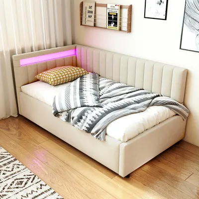 Obrázek produktu pro MODFU Čalouněná postel, Rozkládací postel, Daybed 90x200 cm, Bez matrace, S LED osvětlením a hydraulickým úložným prostorem, Boční opěrky s vyměnitelnými polohami, Sametová látka, Béžová