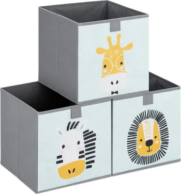 Produktbild von Navaris Kinder Aufbewahrungsbox 3er Set - Regal Aufbewahrung 28 x 28 x 28 cm Spielzeugkiste - 3x Spielzeug Box faltbar für Kinderzimmer - Tier Motiv