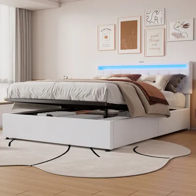 Zdjęcie produktu dla Nowoczesne łóżko 160x200 cm z oświetleniem LED i portami USB - Solidne łóżko tapicerowane z hydraulicznym systemem podnoszenia, białe