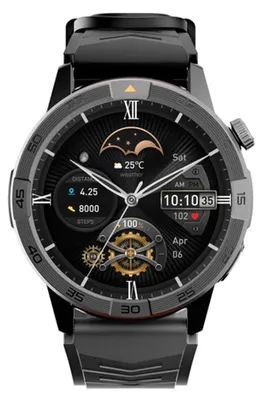 A close-up, front-facing view of a black smartwatch with a detailed watch face displaying various information.