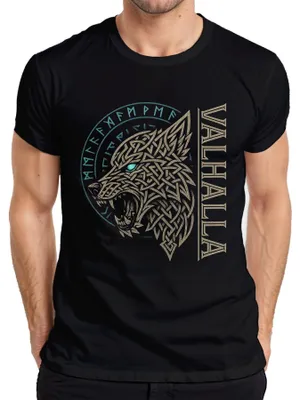 Produktbild von Valhalla Nordisch Wikingerwolf Keltische Runen Mythologie Saga Herren T-Shirt, Schwarz, XL