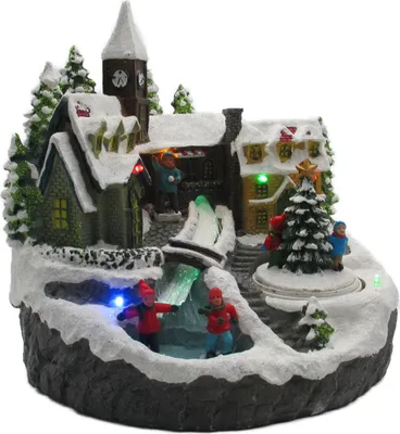 Produktbild von LED Winterdorf mit drehendem Element, Weihnachtsdeko mit bunter Beleuchtung, detailgetreu gefertigt, Bachlauf mit Farbwechsel (Tanne)