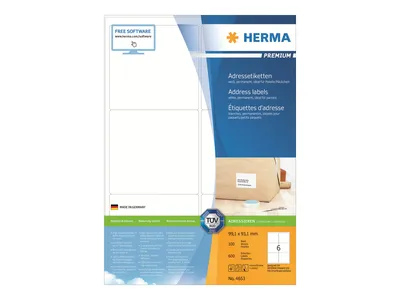 Image de HERMA étiquettes d'adresse Premium A4 blanc 99,1x93,1 mm 600 pièces