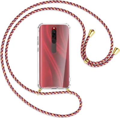 Produktbild von Handykette Backcover-Schutzhülle mit Band (Metall goldfarben) für Xiaomi Redmi 8 - weinrot/gelb/grau