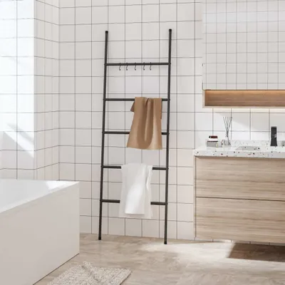Obrázek produktu pro The Living Store Žebříkový držák na ručníky s 5 tyčemi černý 58x175 cm železo