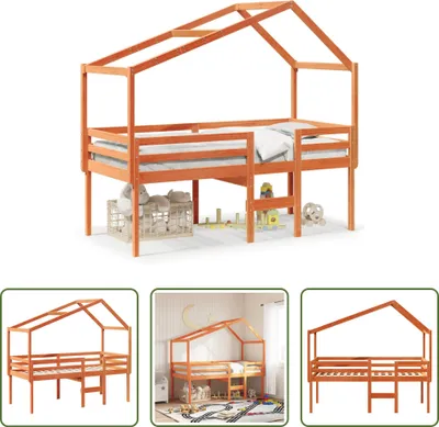 Produktbild von The Living Store Hochbett mit Dach Wachsbraun 90x200 cm Massivholz Kiefer