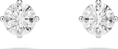 A pair of diamond stud earrings on a white background.
