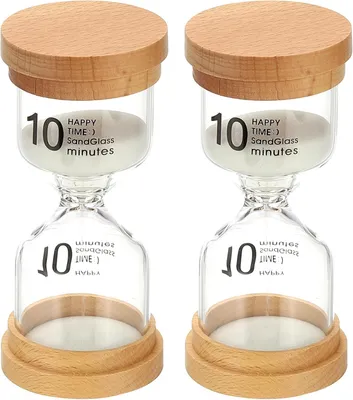 Obrázek produktu pro Sada 2 přesýpacích hodin, každá na 10 minut, z borosilikátového skla, v imitaci dřeva, pro hry, do tříd, kuchyní, kanceláří a jako dekorace.
