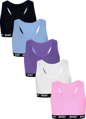 Produktbild von TupTam Mädchen Bustier mit breiten Trägern und Racerback 5er Pack, Farbe: Rosa Lila Blau Schwarz Grau, Größe: 146-152