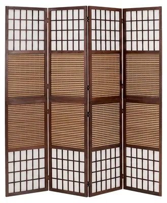 Image de Paravent en Bois 4 Parties Séparateur de Pièce Brun Espagnol Mur avec Bambou Pliable