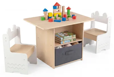 Produktbild von Kindertisch mit 2 Stühlen, Kinderschreibtisch mit Stauraum & Stoffschubladen, Kindersitzgruppe Holz, Kindersitzgarnitur Kindermöbelset, Natur, Weiß