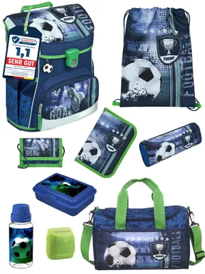 Produktbild von Familando - Scooli Campus Fit Schulranzen Set - 9-teilig mit Sporttasche - Fußball Motiv Blau - Ergonomisch, Stabil & 980g leicht - 18L Volumen - Brustgurt & Reflektoren - Für Grundschule ab 1. Klasse