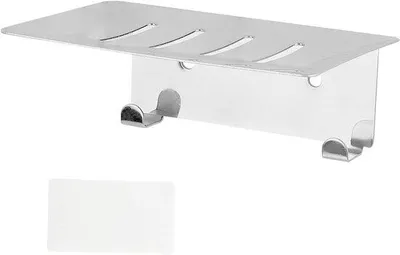 Immagine prodotto di Portasapone con fissaggio autoadesivo, porta spugna e gancio portaoggetti per bagno e cucina - Colore argento.